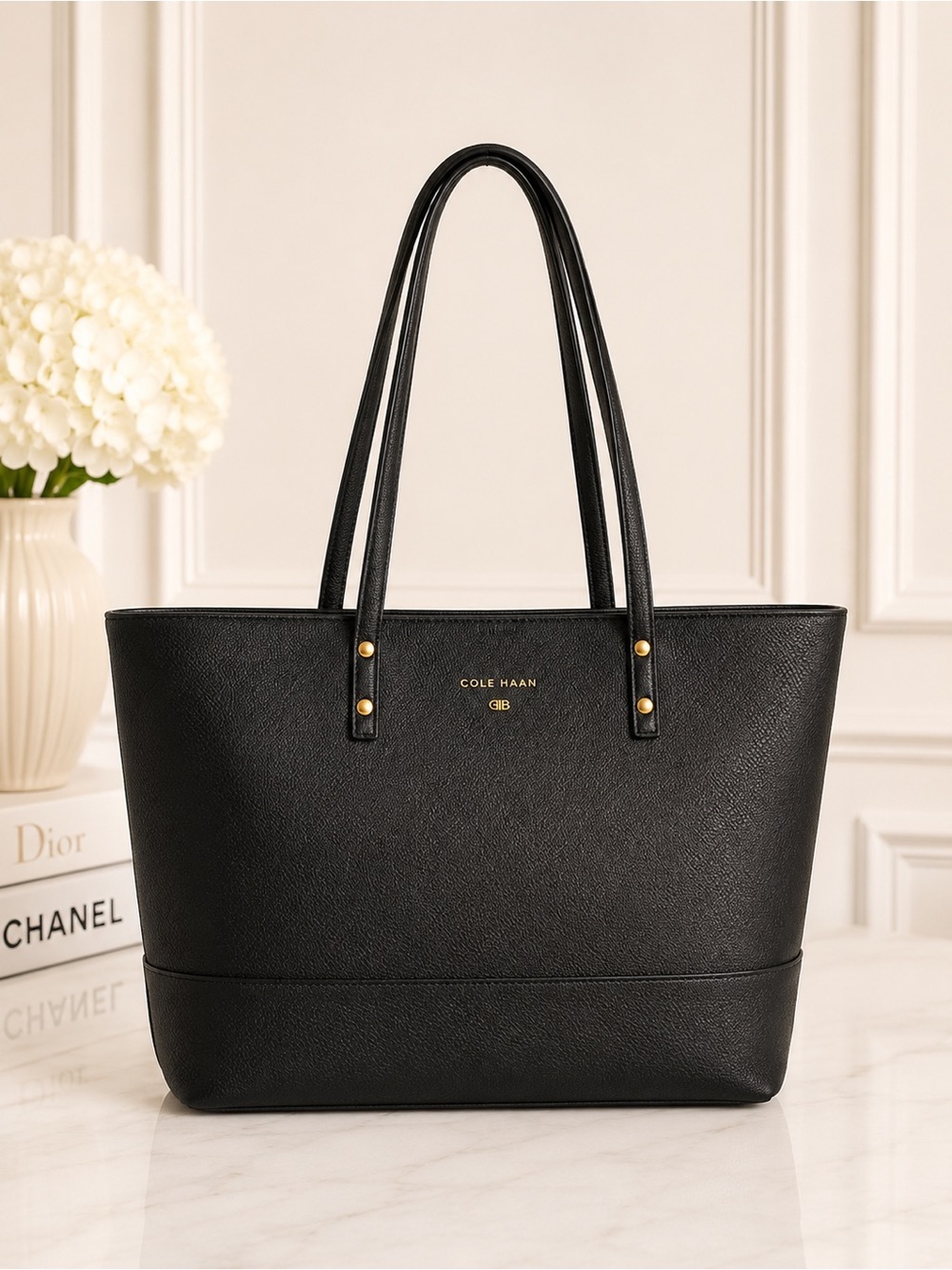 Cole Haan Black Pebbled Leather Tote Shoulder Bag Work Laptop